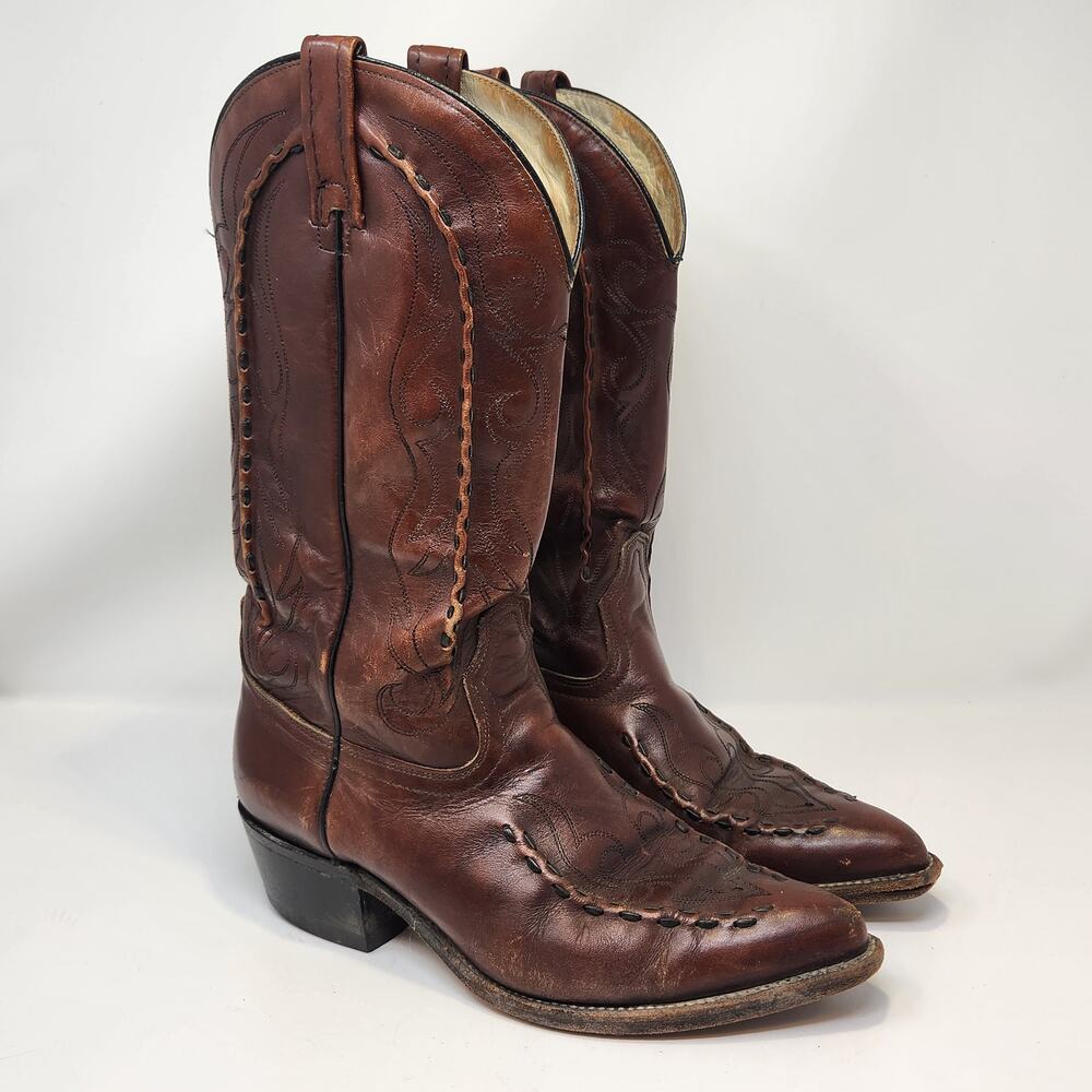 Acme Vintage Brown Leather Western Cowboy Boots Men Size 9 D Raised Stitching